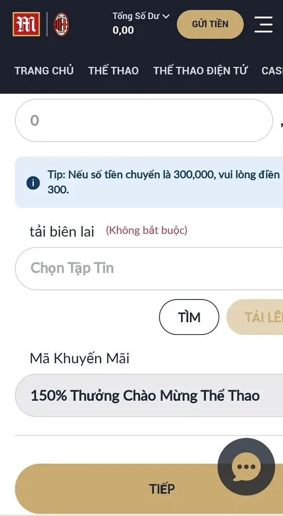 nhập số tiền nạp M88