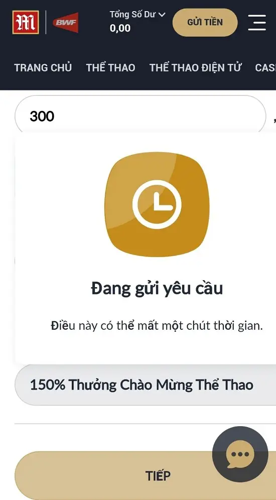 đang xử lý yêu cầu nạp tiền M88