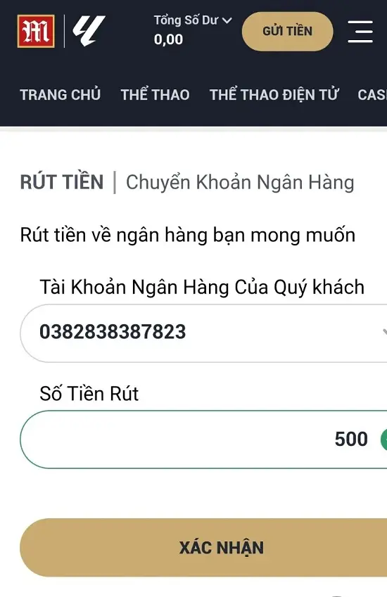 xác nhận rút tiền M88