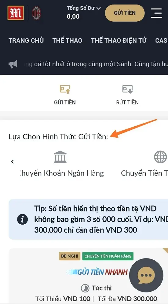 chọn hình thức gửi tiền M88